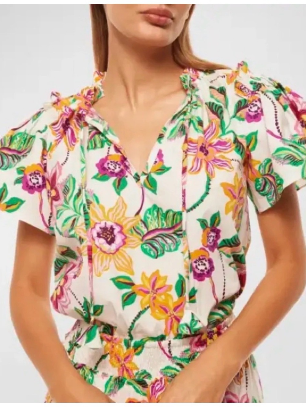 NWT Misa Los Angeles Floral Tie-Neck Short Sleeve Top - XS